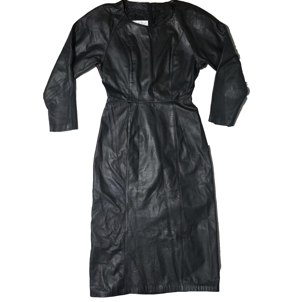 Vintage Laurice Black Leather Puffy Shoulder Midi Dress Sz S/M Genuine Leather